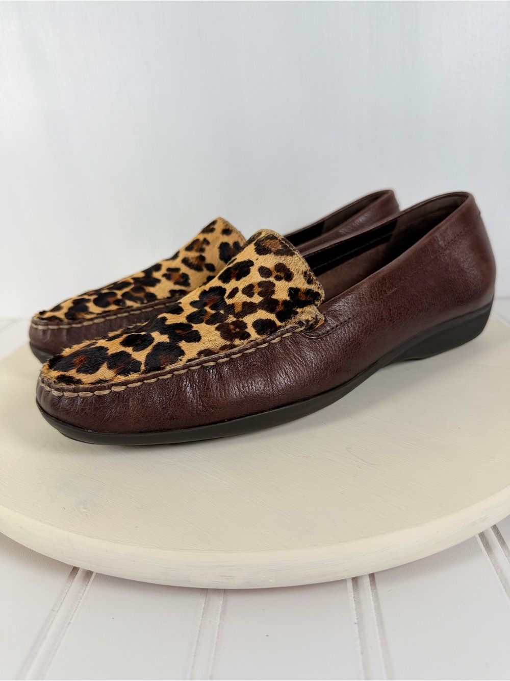 Vintage Studio C Womens Brown Leather Cheetah Calf Hair Slip-on Loafers Sz 41/10